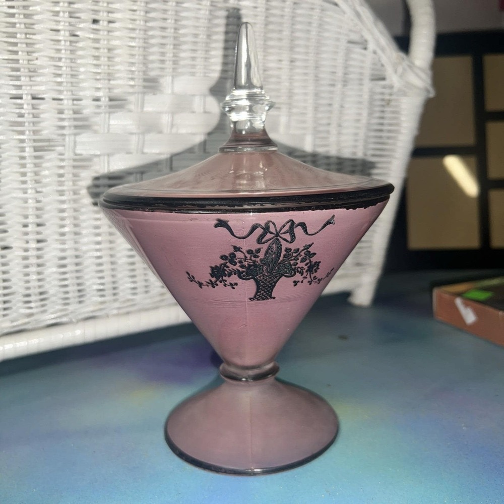Laurel Leaf Farms Vintage Glass Candy Mint Dish Black On Plum Art Deco